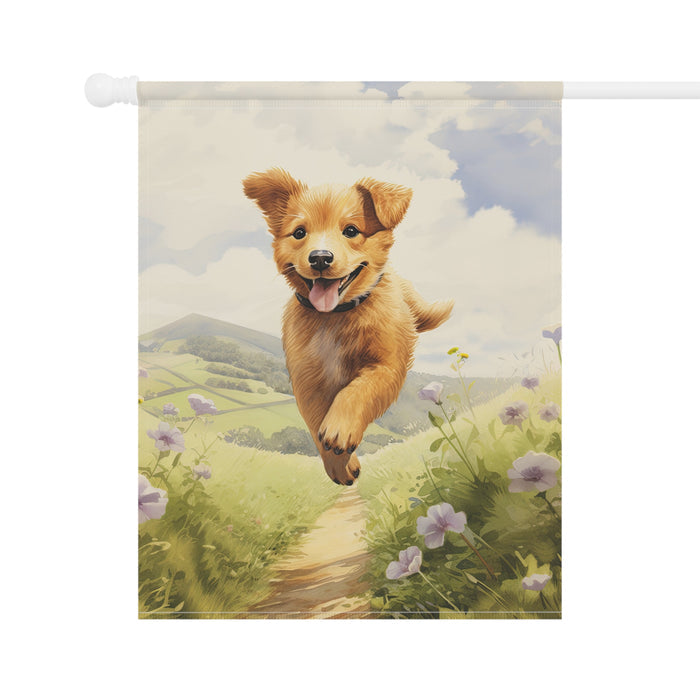 Decorative flag with a cartoon dog running on a scenic background