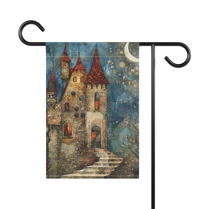 Decorative garden flag with a castle design on a white background