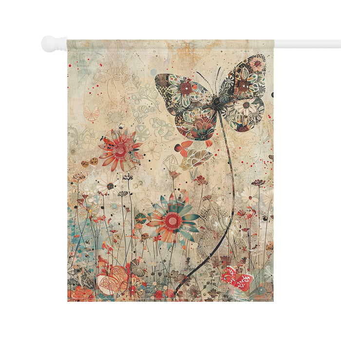 Decorative flag with a butterfly and floral design on a beige background
