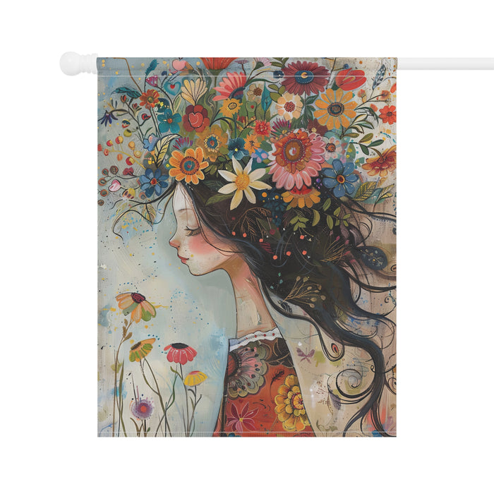 Decorative flag with a colorful illustration of a woman with flowers in her hair on a white background.