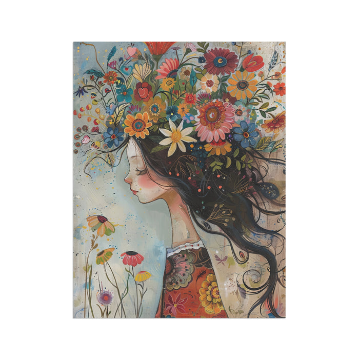 Artistic depiction of a woman with flowers in her hair and surrounding her head.