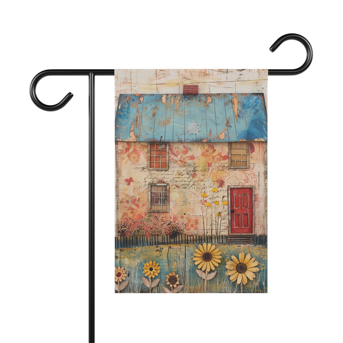 Decorative garden flag with a house and sunflower design on a white background