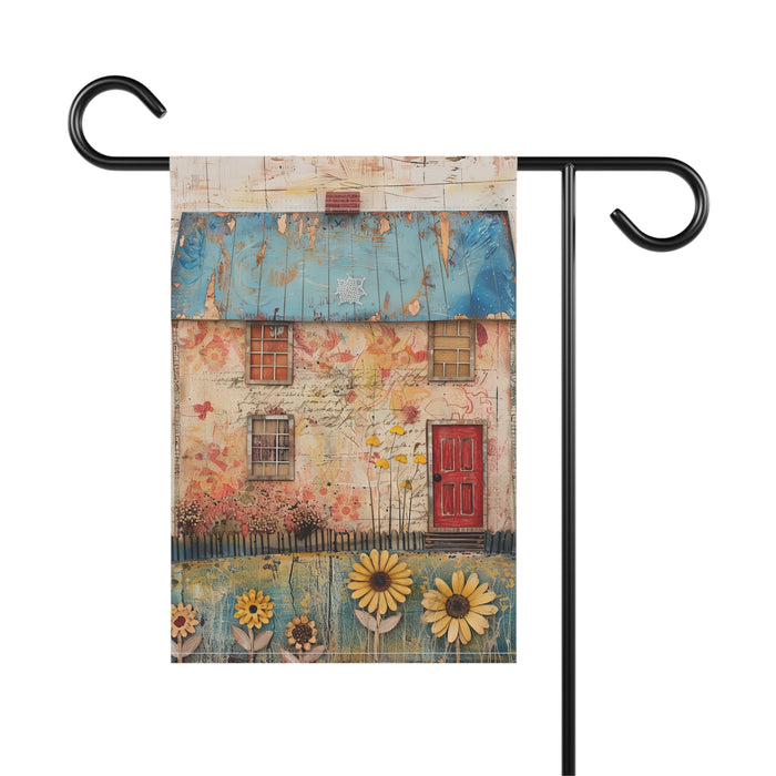 Decorative garden flag with a house and sunflowers design on a white background