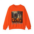 Orange sweatshirt with Halloween-themed design featuring pumpkins and ghosts on a white background.