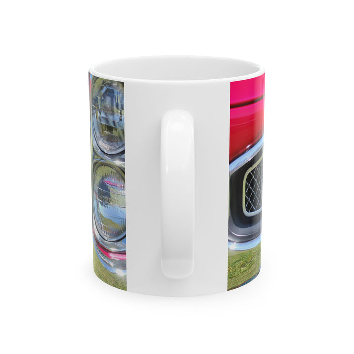 White mug with colorful car design on a white background