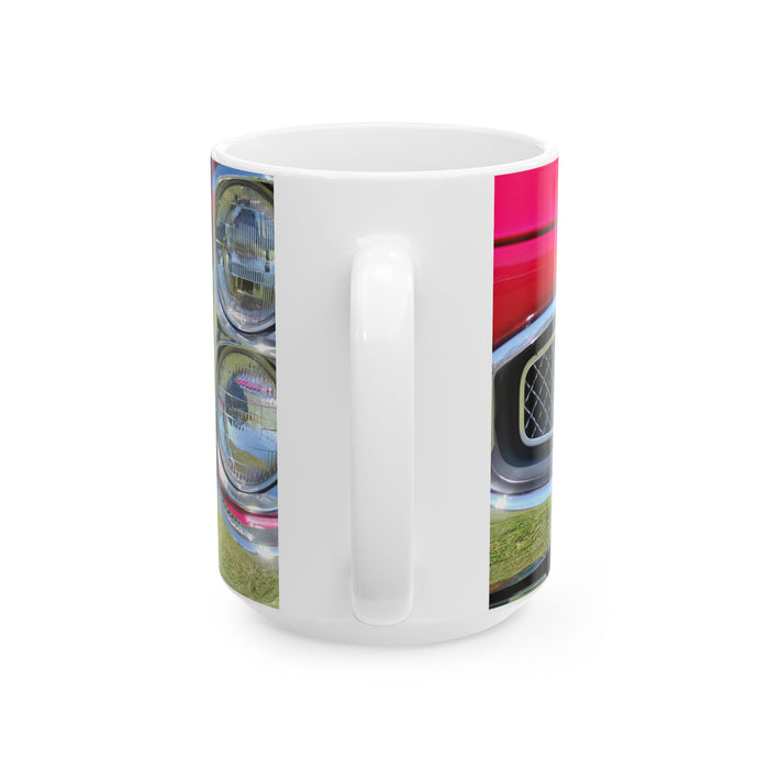 White mug with colorful car design on a white background
