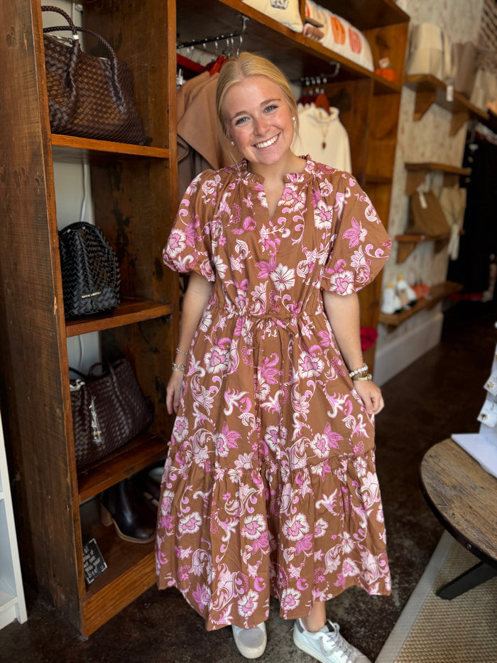 Ginny Bubble Sleeve Midi Dress Fable Brown