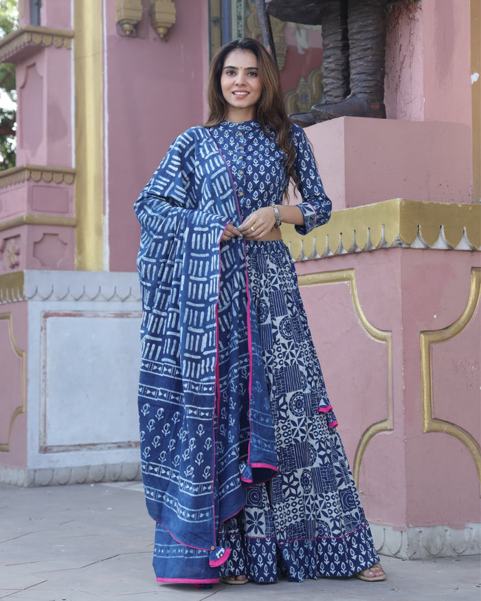 Indiehaat | Blockprinted Cotton Indigo Lehanga Choli Set