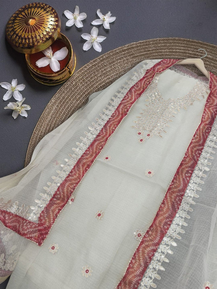 Indiehaat|Kota Doria Gota Patti White Suit(Top+Bottom+Dupatta)