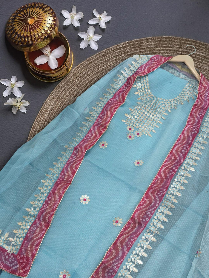 Indiehaat|Kota Doria Gota Patti Blue Suit(Top+Bottom+Dupatta)