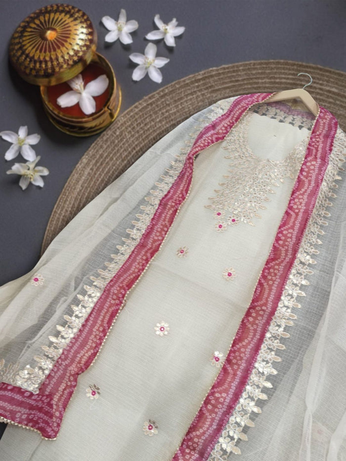 Indiehaat|Kota Doria Gota Patti White Suit(Top+Bottom+Dupatta)