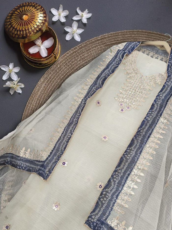 Indiehaat|Kota Doria Gota Patti White Suit(Top+Bottom+Dupatta)