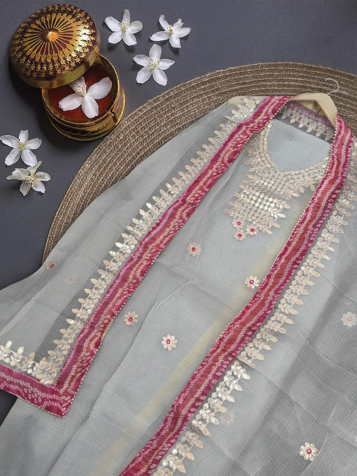 Indiehaat|Kota Doria Gota Patti Gray Suit(Top+Bottom+Dupatta)