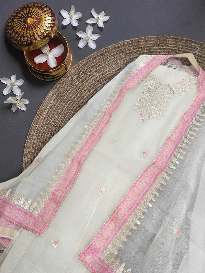 Indiehaat|Kota Doria Gota Patti White Suit(Top+Bottom+Dupatta)