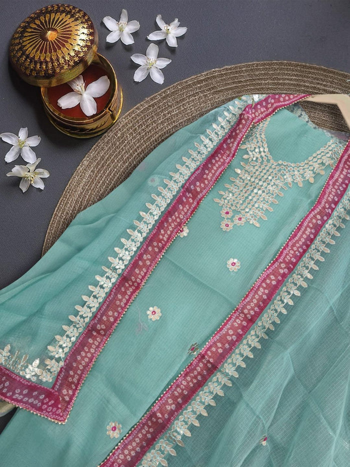 Indiehaat|Kota Doria Gota Patti Green Suit(Top+Bottom+Dupatta)