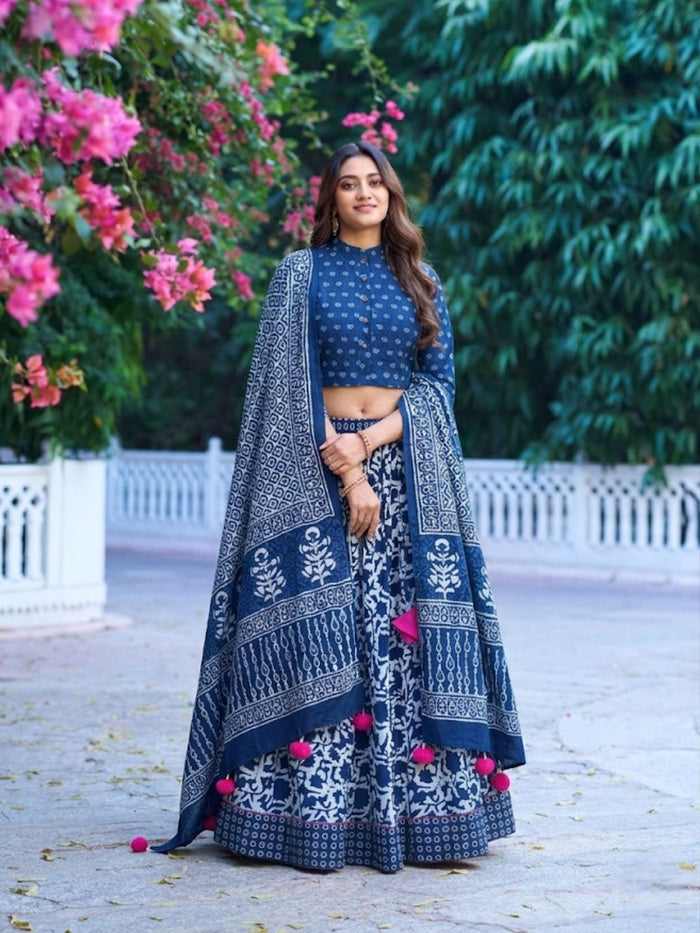 Indiehaat | Blockprinted Cotton Blue Lehanga Choli Set