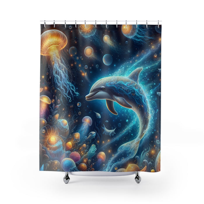 Glowing Dolphin Jellyfish Shower Curtain | Ocean Coastal Bathroom Decor