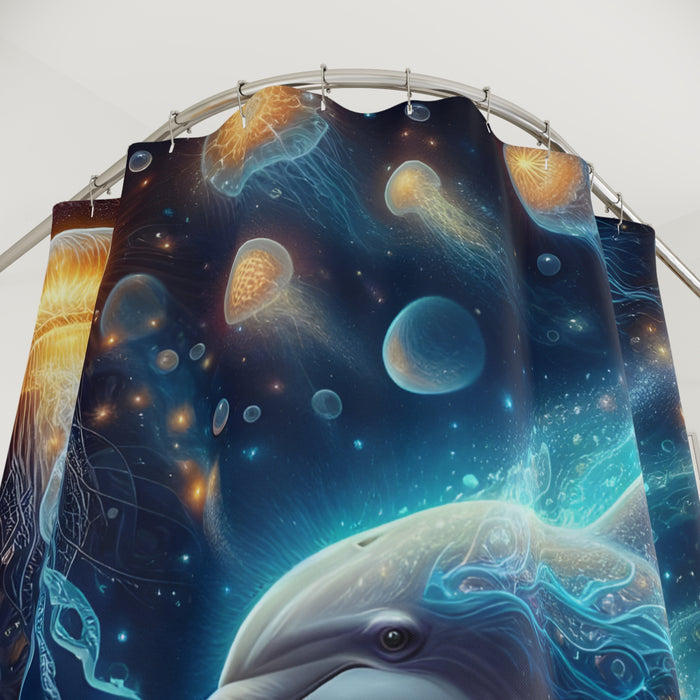Glowing Dolphin Jellyfish Shower Curtain | Ocean Coastal Bathroom Decor