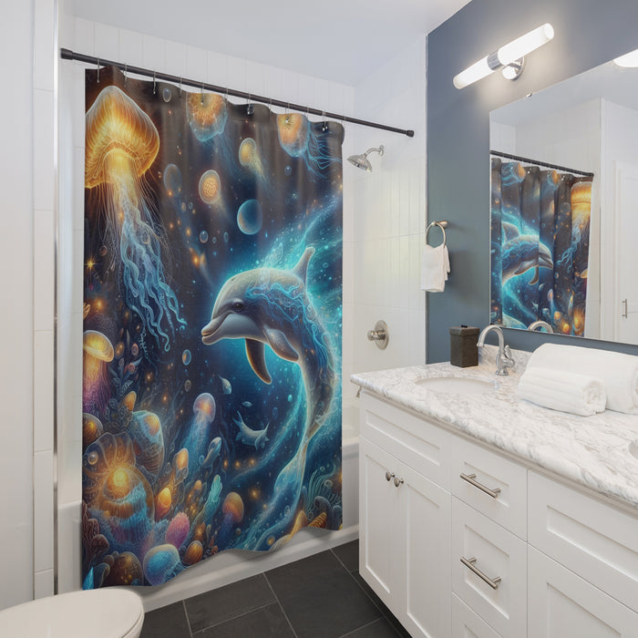 Glowing Dolphin Jellyfish Shower Curtain | Ocean Coastal Bathroom Decor