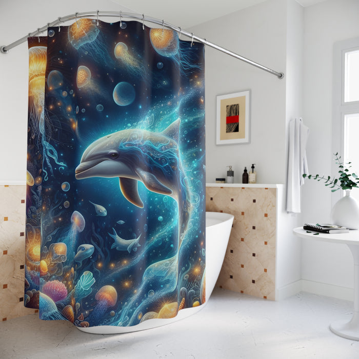 Glowing Dolphin Jellyfish Shower Curtain | Ocean Coastal Bathroom Decor