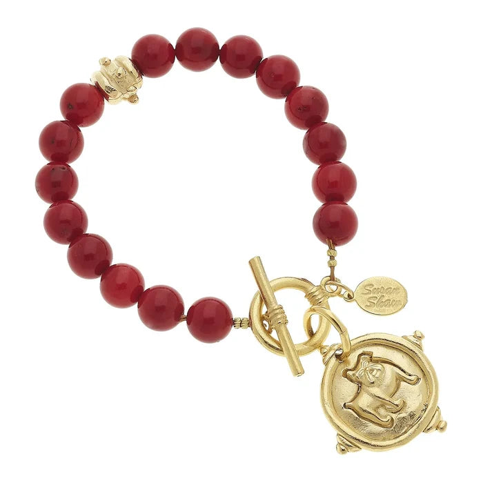 Gold On Red Coral Beads Bracelet