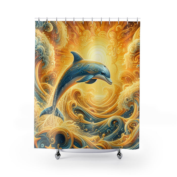 Golden Dolphin Shower Curtain | Coastal Ocean Beach Bathroom Decor Waves Art