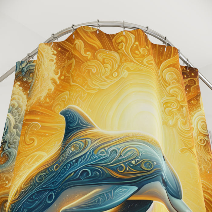 Golden Dolphin Shower Curtain | Coastal Ocean Beach Bathroom Decor Waves Art