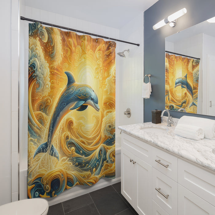 Golden Dolphin Shower Curtain | Coastal Ocean Beach Bathroom Decor Waves Art