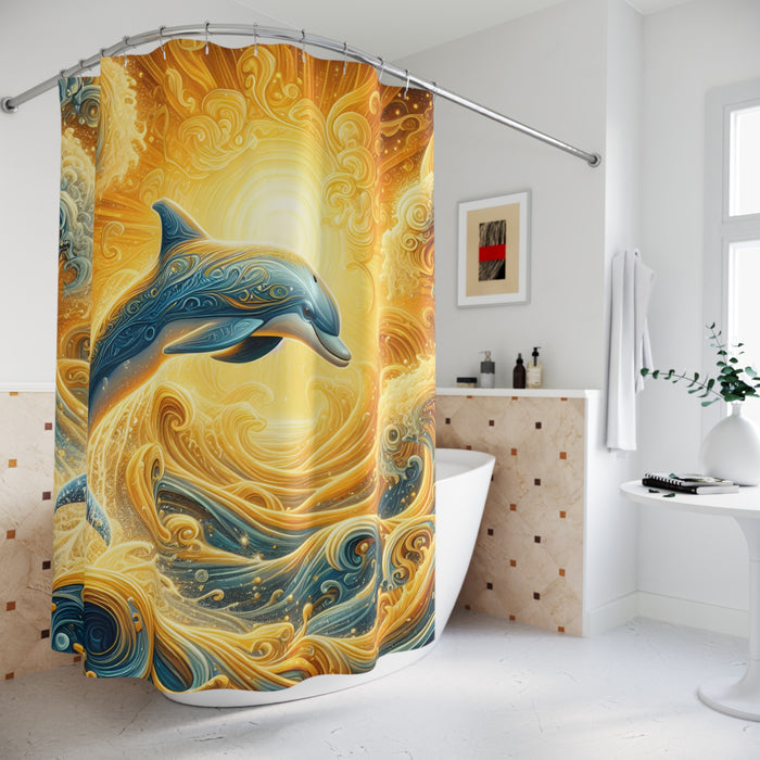 Golden Dolphin Shower Curtain | Coastal Ocean Beach Bathroom Decor Waves Art