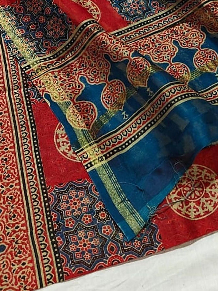 Indiehaat | Chanderi Silk Ajrakh Print Saree Red