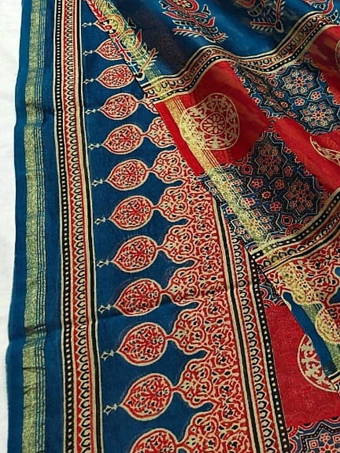 Indiehaat | Chanderi Silk Ajrakh Print Saree Red