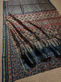Indiehaat | Chanderi Silk Ajrakh Print Saree Blue