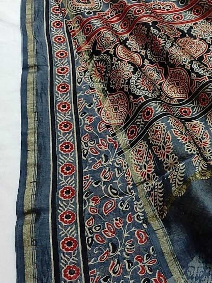 Indiehaat | Chanderi Silk Ajrakh Print Saree Blue