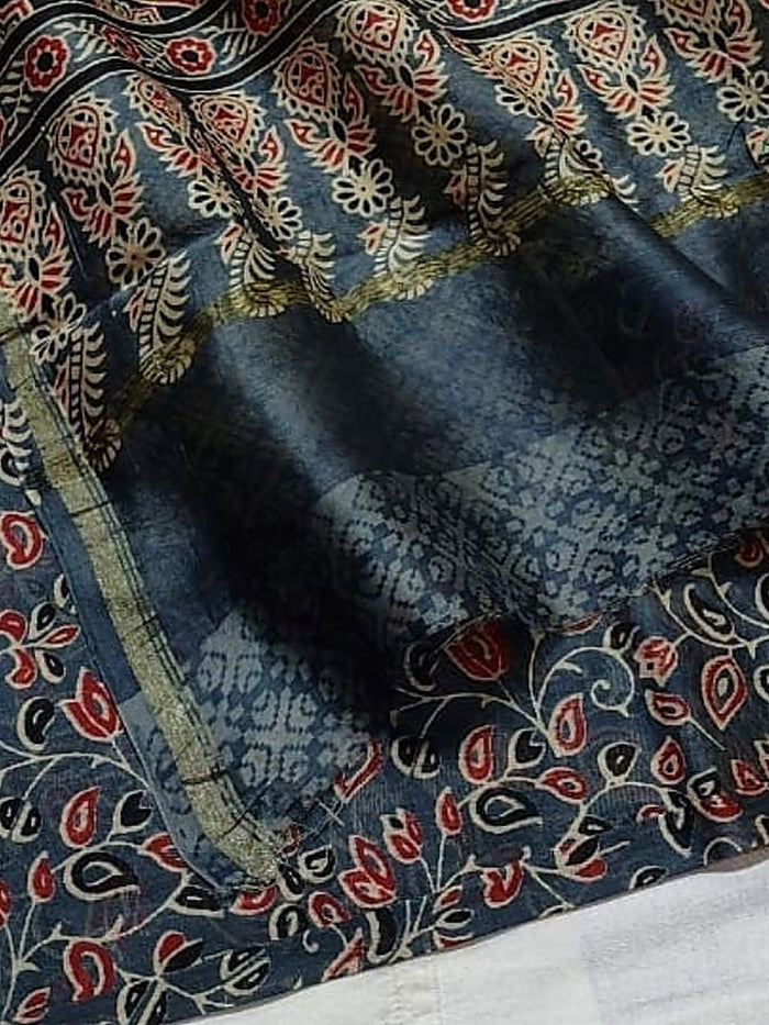 Indiehaat | Chanderi Silk Ajrakh Print Saree Blue