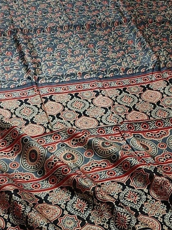 Indiehaat | Chanderi Silk Ajrakh Print Saree Blue