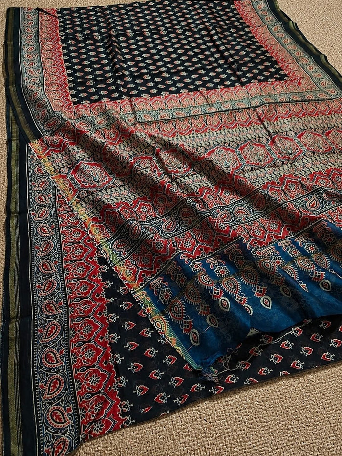 Indiehaat | Chanderi Silk Ajrakh Print Saree Black