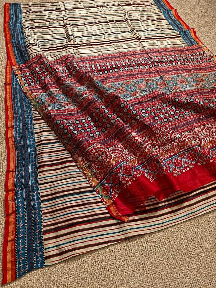 Indiehaat | Chanderi Silk Ajrakh Print Saree Beige