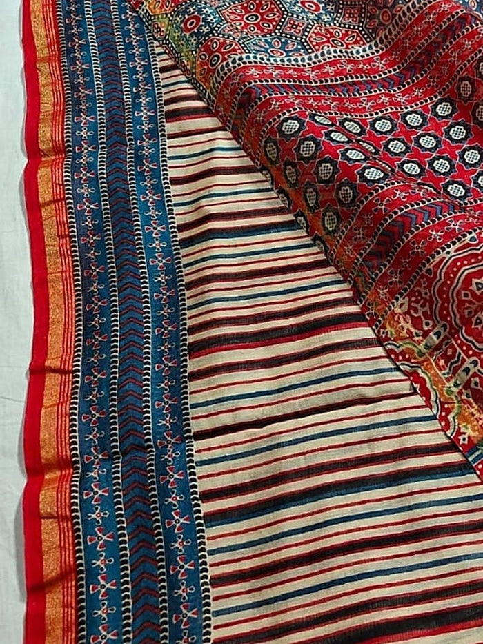 Indiehaat | Chanderi Silk Ajrakh Print Saree Beige