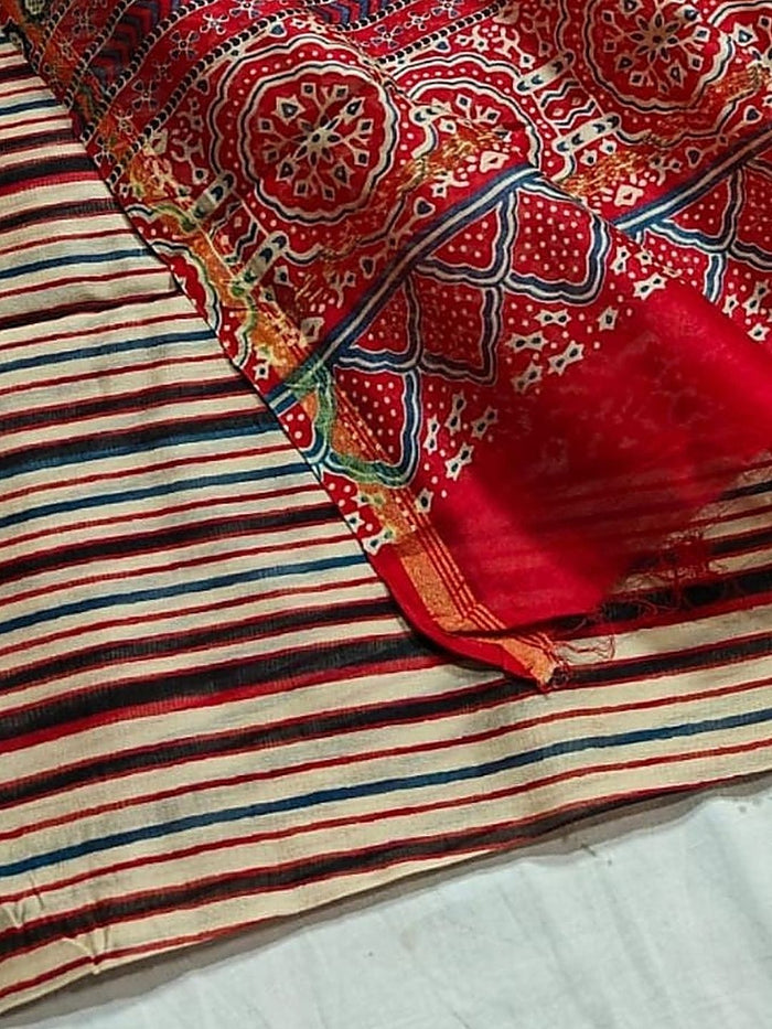 Indiehaat | Chanderi Silk Ajrakh Print Saree Beige