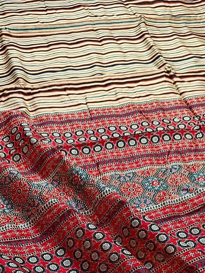 Indiehaat | Chanderi Silk Ajrakh Print Saree Beige