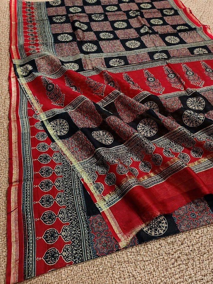 Indiehaat | Chanderi Silk Ajrakh Print Saree Red