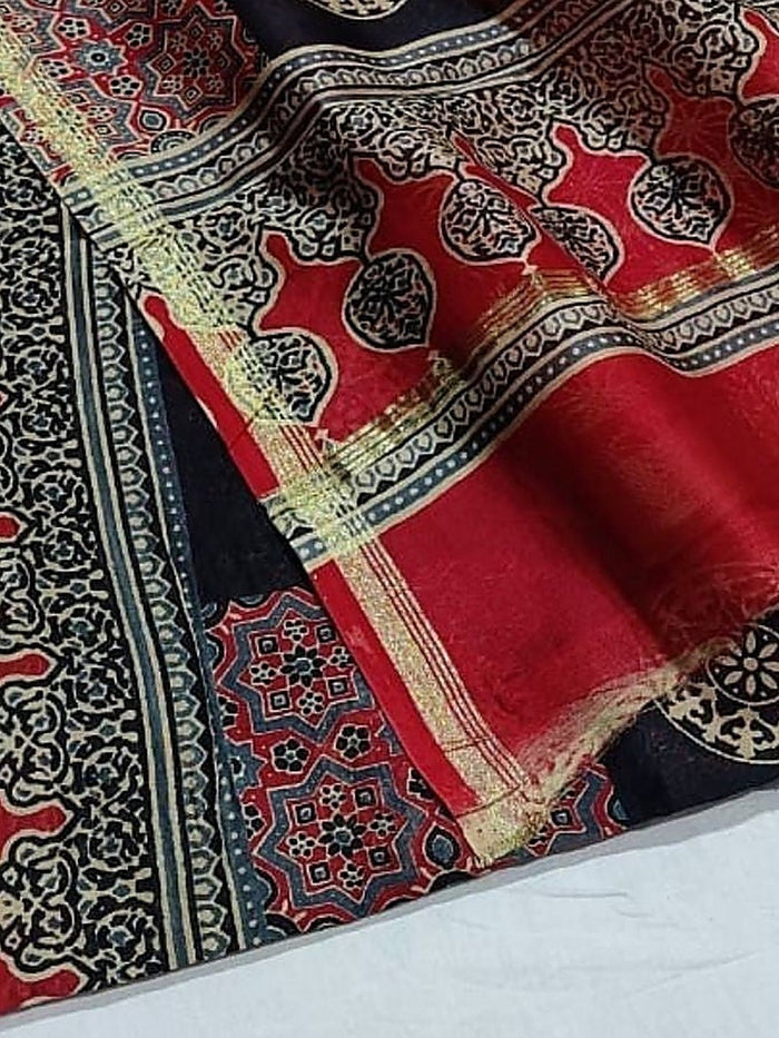 Indiehaat | Chanderi Silk Ajrakh Print Saree Red