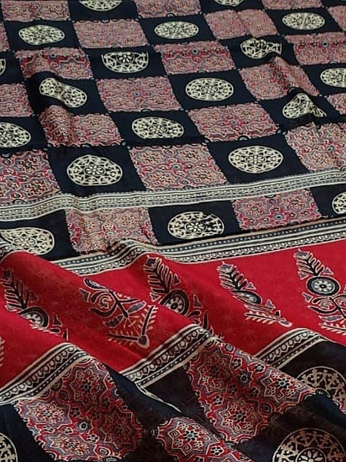 Indiehaat | Chanderi Silk Ajrakh Print Saree Red
