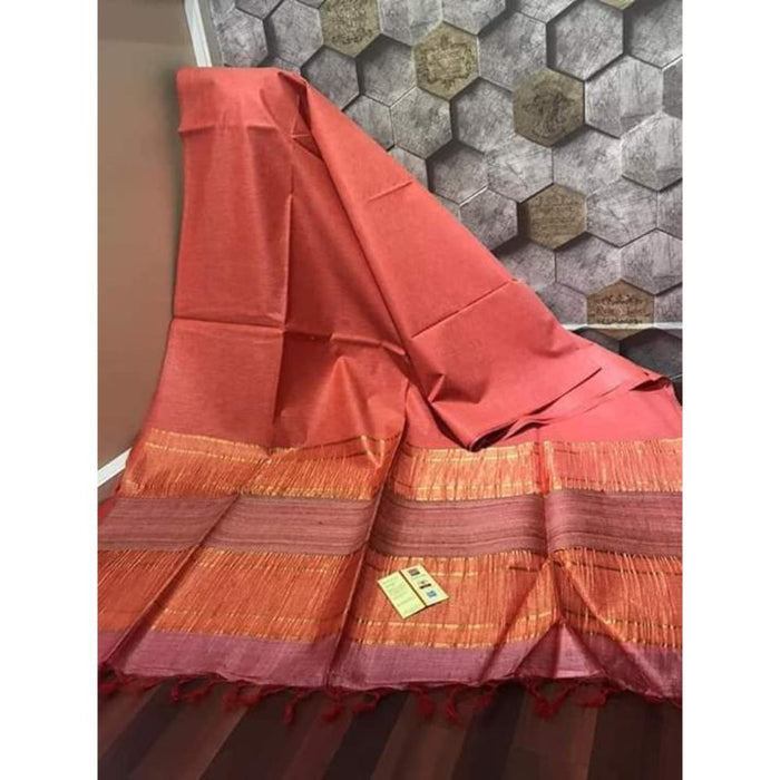 Pure Eri Silk Orange Saree with Running Blouse-Indiehaat