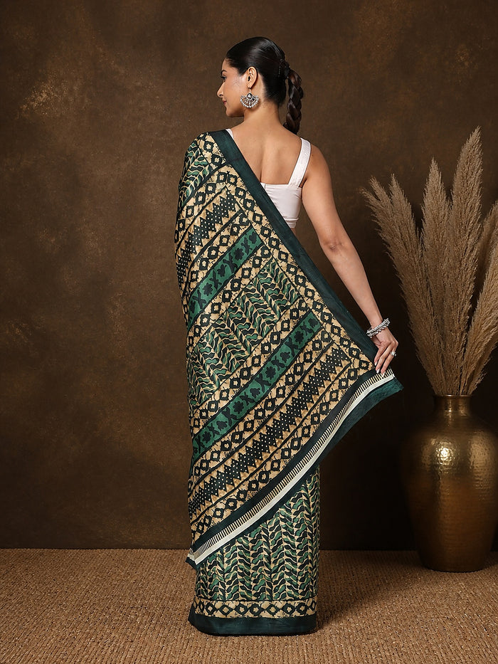 Indiehaat | Kashmiri Silk Printed Saree Forest Green & Gold
