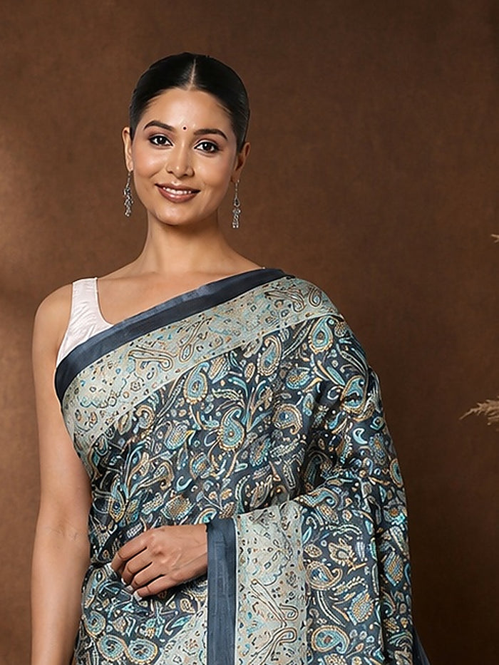 Indiehaat | Kashmiri Silk Printed Saree Dark Grey & Teal