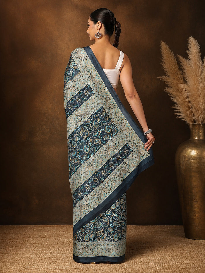 Indiehaat | Kashmiri Silk Printed Saree Dark Grey & Teal