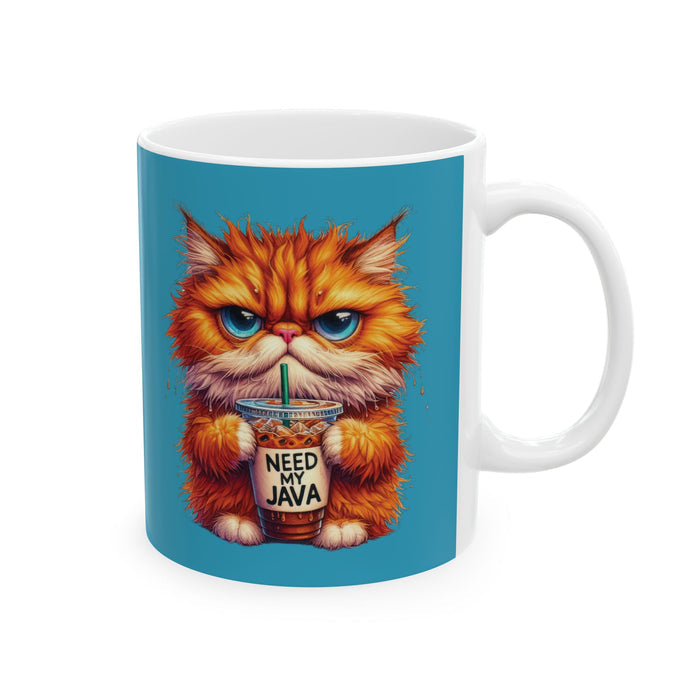 Grouchy Tabby Cat Coffee Mug Funny Angry Kitty Cup | Need My Java Morning Gift
