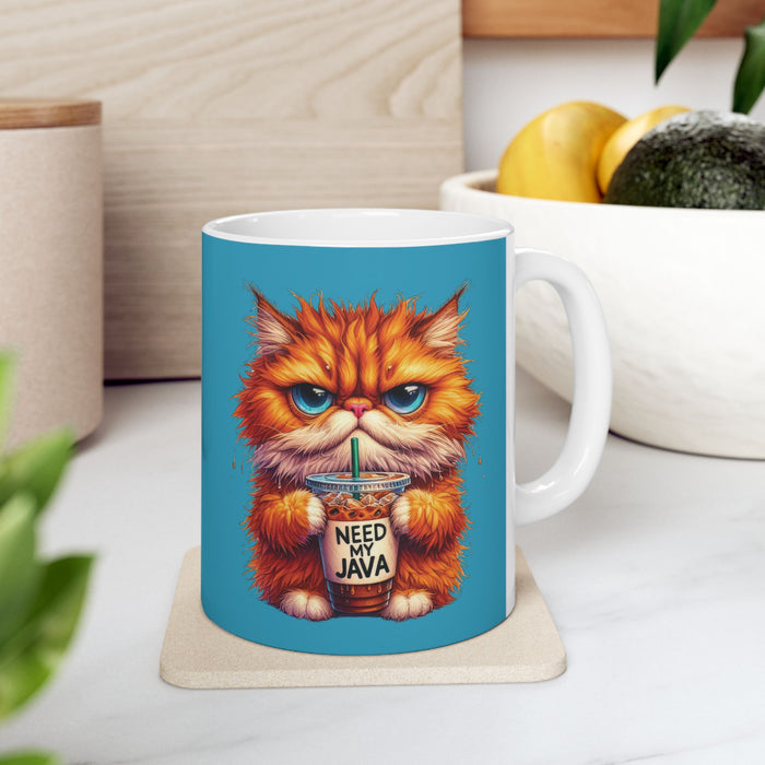 Grouchy Tabby Cat Coffee Mug Funny Angry Kitty Cup | Need My Java Morning Gift
