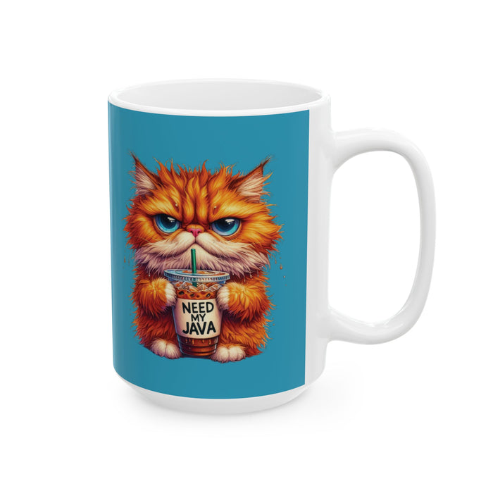 Grouchy Tabby Cat Coffee Mug Funny Angry Kitty Cup | Need My Java Morning Gift